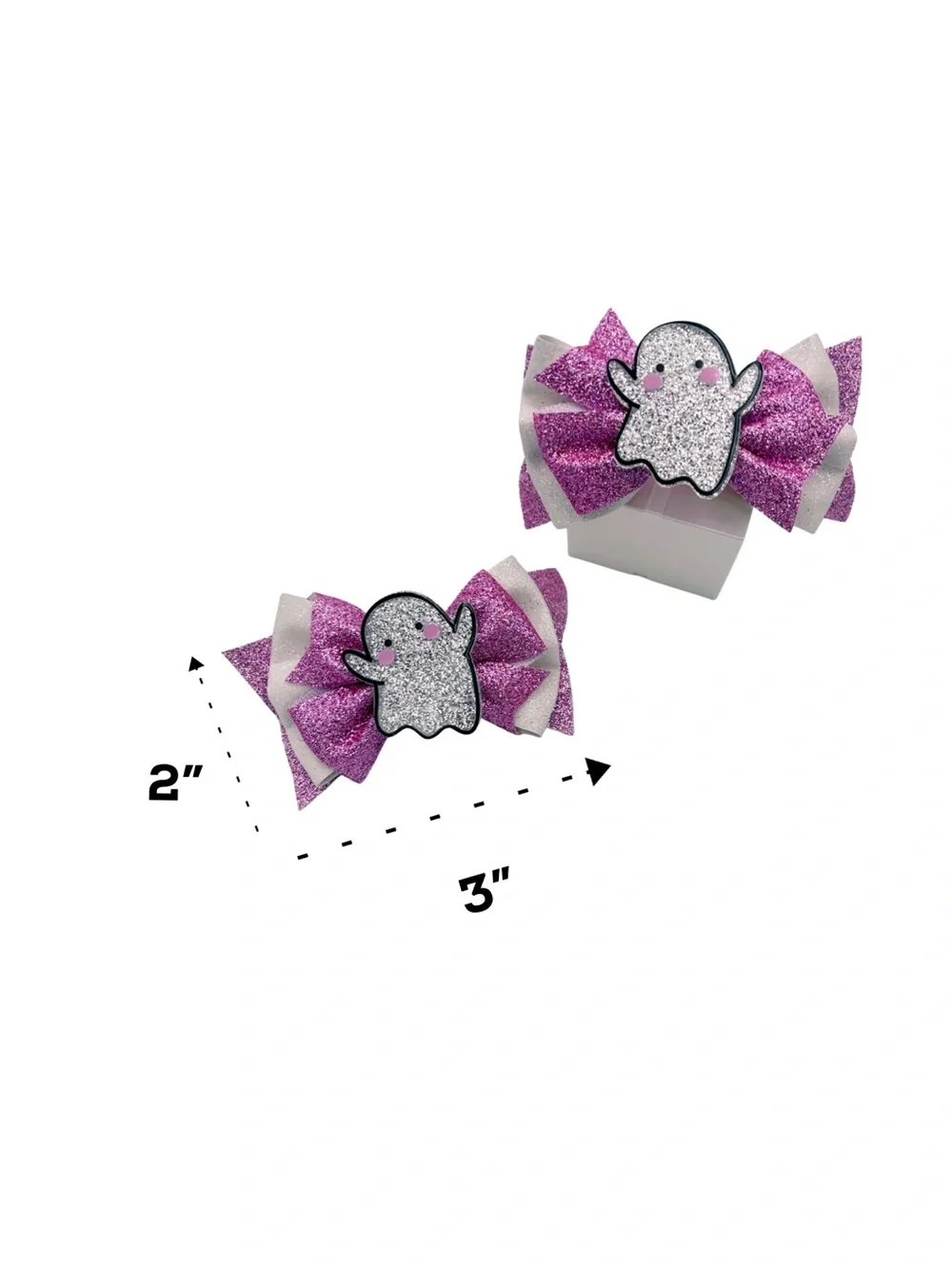 Glitter Ghost Bow Hair Clips - Pink, White & Silver